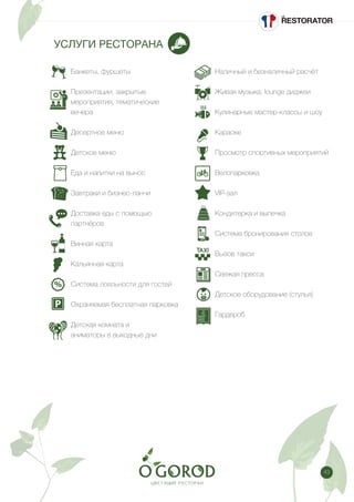 43
УСЛУГИ РЕСТОРАНА
Банкеты, фуршеты
Презентации, закрытые
мероприятия, тематические
вечера
Десертное меню
Детское меню
Еда и напитки на вынос
Завтраки и бизнес-ланчи
Доставка еды с помощью
партнёров
Винная карта
Кальянная карта
Система лояльности для гостей
Охраняемая бесплатная парковка
Детская комната и
аниматоры в выходные дни
Наличный и безналичный расчёт
Живая музыка, lounge диджеи
Кулинарные мастер-классы и шоу
Караоке
Просмотр спортивных мероприятий
Велопарковка
VIP-зал
Кондитерка и выпечка
Система бронирования столов
Вызов такси
Свежая пресса
Детское оборудование (стулья)
Гардероб
 