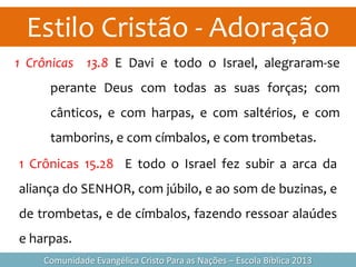 Estilo Cristão - Adoração
Comunidade Evangélica Cristo Para as Nações – Escola Bíblica 2013
1 Crônicas 13.8 E Davi e todo o Israel, alegraram-se
perante Deus com todas as suas forças; com
cânticos, e com harpas, e com saltérios, e com
tamborins, e com címbalos, e com trombetas.
1 Crônicas 15.28 E todo o Israel fez subir a arca da
aliança do SENHOR, com júbilo, e ao som de buzinas, e
de trombetas, e de címbalos, fazendo ressoar alaúdes
e harpas.
 