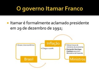 O governo Itamar Franco Itamar é formalmente aclamado presidente em 29 de dezembro de 1992;
