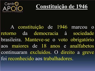 Constituição de 1946


     A constituição de 1946 marcou o
retorno da democracia à sociedade
brasileira. Manteve-se o voto obrigatório
aos maiores de 18 anos e analfabetos
continuaram excluídos. O direito a greve
foi reconhecido aos trabalhadores.
 