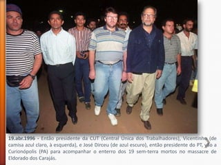 19.abr.1996 - Então presidente da CUT (Central Única dos Trabalhadores), Vicentinho (de
camisa azul claro, à esquerda), e José Dirceu (de azul escuro), então presidente do PT, vão a
Curionópolis (PA) para acompanhar o enterro dos 19 sem-terra mortos no massacre de
Eldorado dos Carajás.
 