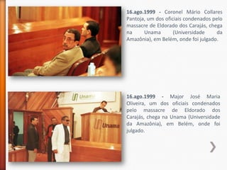 16.ago.1999 - Coronel Mário Collares
Pantoja, um dos oficiais condenados pelo
massacre de Eldorado dos Carajás, chega
na     Unama        (Universidade     da
Amazônia), em Belém, onde foi julgado.




16.ago.1999 - Major José Maria
Oliveira, um dos oficiais condenados
pelo massacre de Eldorado dos
Carajás, chega na Unama (Universidade
da Amazônia), em Belém, onde foi
julgado.
 