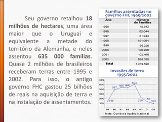 Seu governo retalhou 18
milhões de hectares, uma área
maior que o Uruguai e
equivalente a metade do
território da Alemanha, e neles
assentou 635 000 famílias.
Quase 2 milhões de brasileiros
receberam terras entre 1995 e
2002. Para isso, o antigo
governo FHC gastou 25 bilhões
de reais na aquisição de terra e
na instalação de assentamentos.
 