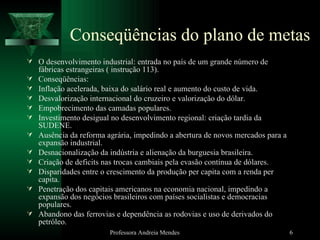 Conseqüências do plano de metas O desenvolvimento industrial: entrada no país de um grande número de fábricas estrangeiras ( instrução 113). Conseqüências: Inflação acelerada, baixa do salário real e aumento do custo de vida. Desvalorização internacional do cruzeiro e valorização do dólar. Empobrecimento das camadas populares. Investimento desigual no desenvolvimento regional: criação tardia da SUDENE. Ausência da reforma agrária, impedindo a abertura de novos mercados para a expansão industrial. Desnacionalização da indústria e alienação da burguesia brasileira. Criação de deficits nas trocas cambiais pela evasão contínua de dólares. Disparidades entre o crescimento da produção per capita com a renda per capita. Penetração dos capitais americanos na economia nacional, impedindo a expansão dos negócios brasileiros com países socialistas e democracias populares. Abandono das ferrovias e dependência as rodovias e uso de derivados do petróleo. Professora Andreia Mendes 