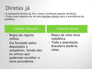 • A campanha Diretas Já, foi o maior manifesto popular do Brasil.
• Tinha como objetivo ter no país eleições diretas para a presidência da
república.



        Colégio Eleitoral                      Votação Direta

     Regra do regime                      Regra de uma nova
      militar.                              república.
     Era formado pelos                    Toda a população
      deputados e                           brasileira poderia
      senadores. Sendo eles                 votar.
      os únicos que
      poderiam escolher o
      novo presidente.
 