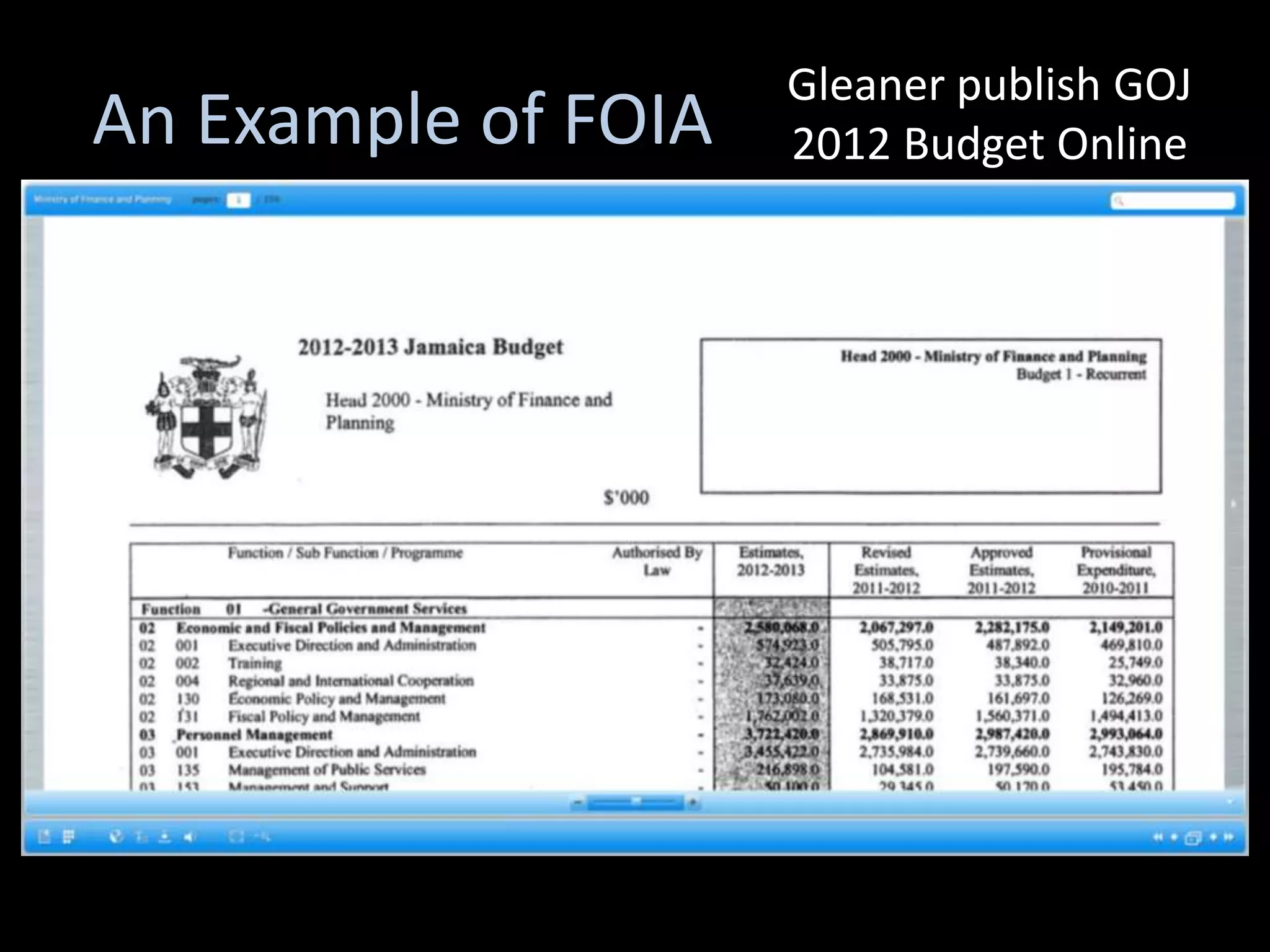 Gleaner publish GOJ
An Example of FOIA   2012 Budget Online
 