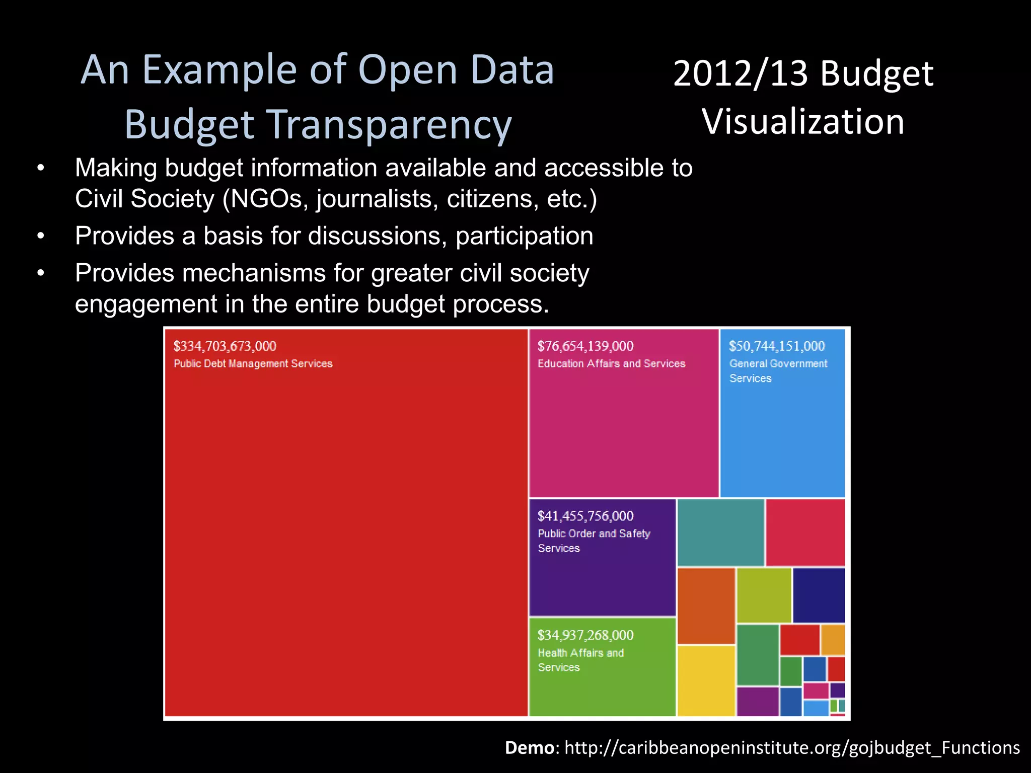 An Example of Open Data                                2012/13 Budget
      Budget Transparency                                   Visualization
•   Making budget information available and accessible to
    Civil Society (NGOs, journalists, citizens, etc.)
•   Provides a basis for discussions, participation
•   Provides mechanisms for greater civil society
    engagement in the entire budget process.




                                        Demo: http://caribbeanopeninstitute.org/gojbudget_Functions
 