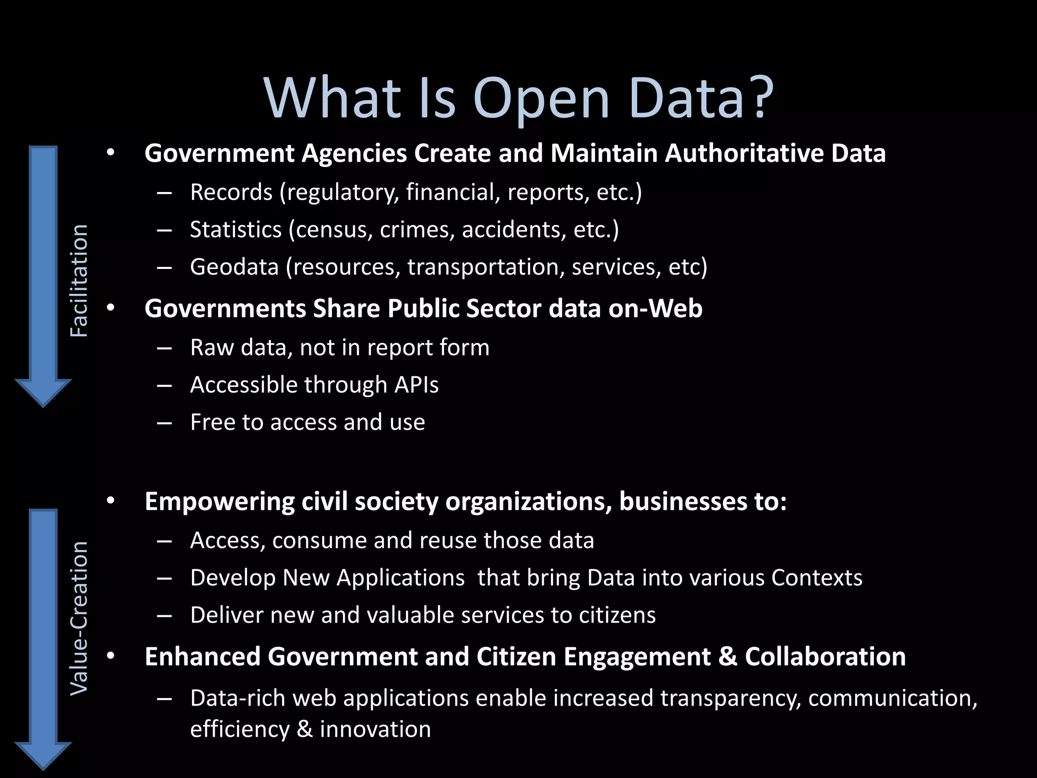 What Is Open Data?
                 • Government Agencies Create and Maintain Authoritative Data
                     – Records (regulatory, financial, reports, etc.)
                     – Statistics (census, crimes, accidents, etc.)
Facilitation




                     – Geodata (resources, transportation, services, etc)
                 • Governments Share Public Sector data on-Web
                     – Raw data, not in report form
                     – Accessible through APIs
                     – Free to access and use


                 • Empowering civil society organizations, businesses to:
                     – Access, consume and reuse those data
Value-Creation




                     – Develop New Applications that bring Data into various Contexts
                     – Deliver new and valuable services to citizens
                 • Enhanced Government and Citizen Engagement & Collaboration
                     – Data-rich web applications enable increased transparency, communication,
                       efficiency & innovation
 