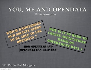 YOU, ME AND OPENDATA
                               @thiagorondon


                             geS
                           ed s
                      no wl ed          Why
                    k      ne e
                ich ciety o us         cre is it s
            Wh so         et ?             ate     o ha
             o ur      bl                      app      rd t
                   e a data                  bas licati      o
              t o b en                gov
                   op                     ern ed on      ons
                                              men
                         How openness and         t da
                                                       ta ?
                       opendata can help us?




   São Paulo Perl Mongers
Monday, April 16, 12
 