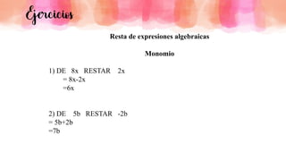 Ejercicios
Resta de expresiones algebraicas
Monomio
1) DE 8x RESTAR 2x
= 8x-2x
=6x
2) DE 5b RESTAR -2b
= 5b+2b
=7b
 