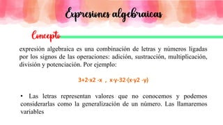 expresión algebraica es una combinación de letras y números ligadas
por los signos de las operaciones: adición, sustracción, multiplicación,
división y potenciación. Por ejemplo:
• Las letras representan valores que no conocemos y podemos
considerarlas como la generalización de un número. Las llamaremos
variables
 