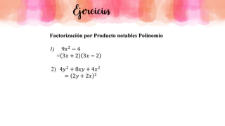 Ejercicios
Factorización por Producto notables Polinomio
1) 9𝑥2 − 4
= 3𝑥 + 2 3𝑥 − 2
2) 4𝑦2
+ 8𝑥𝑦 + 4𝑥2
= 2𝑦 + 2𝑥 2
 