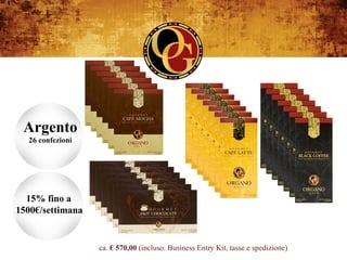 Argento
  26 confezioni




  15% fino a
1500€/settimana


                  ca. € 570,00 (incluso: Business Entry Kit, tasse e spedizione)
 