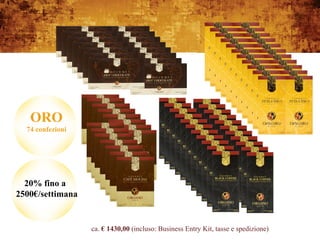 ORO
  74 confezioni




  20% fino a
2500€/settimana


                  ca. € 1430,00 (incluso: Business Entry Kit, tasse e spedizione)
 