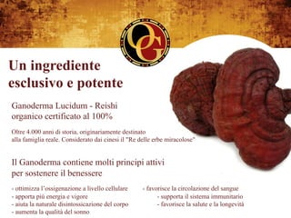 Un ingrediente
esclusivo e potente
Ganoderma Lucidum - Reishi
organico certificato al 100%
Oltre 4.000 anni di storia, originariamente destinato
alla famiglia reale. Considerato dai cinesi il "Re delle erbe miracolose"


Il Ganoderma contiene molti principi attivi
per sostenere il benessere
- ottimizza l’ossigenazione a livello cellulare     - favorisce la circolazione del sangue
- apporta più energia e vigore                            - supporta il sistema immunitario
- aiuta la naturale disintossicazione del corpo           - favorisce la salute e la longevità
- aumenta la qualità del sonno
 