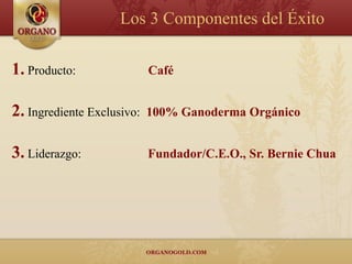 Los 3 Componentes del Éxito

1. Producto:                Café


2. Ingrediente Exclusivo:   100% Ganoderma Orgánico


3. Liderazgo:               Fundador/C.E.O., Sr. Bernie Chua
 