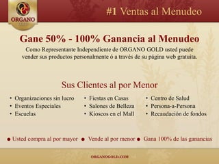 #1 Ventas al Menudeo

      Gane 50% - 100% Ganancia al Menudeo
        Como Representante Independiente de ORGANO GOLD usted puede
       vender sus productos personalmente ó a través de su página web gratuita.



                       Sus Clientes al por Menor
• Organizaciones sin lucro      • Fiestas en Casas       • Centro de Salud
• Eventos Especiales            • Salones de Belleza     • Persona-a-Persona
• Escuelas                      • Kioscos en el Mall     • Recaudación de fondos



●   Usted compra al por mayor   ●   Vende al por menor ● Gana 100% de las ganancias
 
