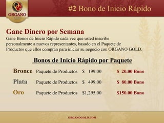 #2 Bono de Inicio Rápido

Gane Dinero por Semana
Gane Bonos de Inicio Rápido cada vez que usted inscribe
personalmente a nuevos representantes, basado en el Paquete de
Productos que ellos compran para iniciar su negocio con ORGANO GOLD.

             Bonos de Inicio Rápido por Paquete
   Bronce     Paquete de Productos $ 199.00            $ 20.00 Bono

   Plata      Paquete de Productos $ 499.00            $ 80.00 Bono

   Oro        Paquete de Productos $1,295.00           $150.00 Bono
 