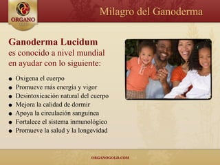 Milagro del Ganoderma

Ganoderma Lucidum
es conocido a nivel mundial
en ayudar con lo siguiente:
●   Oxigena el cuerpo
●   Promueve más energía y vigor
●   Desintoxicación natural del cuerpo
●   Mejora la calidad de dormir
●   Apoya la circulación sanguínea
●   Fortalece el sistema inmunológico
●   Promueve la salud y la longevidad
 