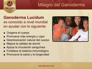 Milagro del Ganoderma

Ganoderma Lucidum
es conocido a nivel mundial
en ayudar con lo siguiente:
●   Oxigena el cuerpo
●   Promueve más energía y vigor
●   Desintoxicación natural del cuerpo
●   Mejora la calidad de dormir
●   Apoya la circulación sanguínea
●   Fortalece el sistema inmunológico
●   Promueve la salud y la longevidad
 