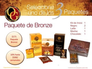 Kit de Inicio   1
                            Negro:          2
                            Latte:          1
                            Mocha:          1
                            Chocolate:      1
           $171
          Paquete
          Bronce




          10% hasta
            $500/
          semanales


OrganoGold.com/Powerpoint
 