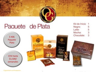 Kit de Inicio   1
                            Negro:          5
                            Latte:          5
                            Mocha:          3
                            Chocolate:      3
       $ 406
      Paquete
       Plata




      15% hasta
       $1,500/
      semanales


OrganoGold.com/Powerpoint
 