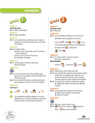 one hundred and five
105
111UUUUUUnnniiittt
Página 5
Getting ready
Ex. 1. Hello!, Good bye!
Página 7
Ex. 1. hello, goodbye.
Página 8
Ex. 1. Los estudiantes se dibujan aquí, trazan la
pregunta, parte de la respuesta y escriben
su nombre.
Página 9
Ex. 2. 1. Hello. Hello.
2. What’s your name? My name’s (nombre
del estudiante).
3. How are you? Fine, thank you.
4. Goodbye. Goodbye.
Página 11
Ex. 1. mamá, papá, hermano, hermana,
abuelo, abuela.
Página 14Página 14
Ex. 1. Los estudiantes trazan las palabras que
aparecen en los globos de texto: Hello!, Hi!,
Good morning!
Ex. 2. Los estudiantes hacen un dibujo del perro
que el payaso le hizo al niño con el globo.
Página 15
Unit Test 1
1 1. 2. 3. 4.
2 Los estudiantes deben dibujar un círculo
alrededor de una de las palabras indicando
la persona de su familia que dibujaron.
222UUUUUUnnniiittt
Página 17
Getting ready
Ex. 1. My toys
Página 20
Ex. 1. Los estudiantes dibujan un círculo azul
alrededor de los juguetes de Henry:
hoop , ball y drum , y un
círculo amarillo alrededor de los juguetes
de Pippa: doll , teddy bear
y kite .
Página 21
Ex. 1. 1. I have a ball. 2. I have a drum.
3. I have a teddy bear.
Bounce Back
brother , grandma , mom
Página 23
Ex. 1. teddy bear, drum, doll, kite, ball
Ex. 2. Los estudiantes colorean los juguetes según
el lápiz de cera debajo de cada uno: aro
azul, osito amarillo, tambor rojo, muñeca
rosada, volantín verde y pelota anaranjada.
Ex. 3. 1. hoop, blue. 2. drum, red. 3. kite, green.
4. teddy bear, yellow. 5. doll, pink. 6. ball,
orange.
Página 24
Ex.3. Los estudiantes colorean en la historia.
2. globo rojo. 3. globo anaranjado.
4. volantín rosado.
Página 26
Ex. 1. brothers, sisters, dad, mom.
Ex. 2. My name is Bruno. My name’s
Vero. My name’s Damián.
ANSWERS
 