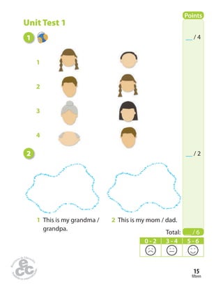 fifteen
15
2
1 This is my grandma /
grandpa.
2 This is my mom / dad.
Points
Total: __ / 6
__ / 4
__ / 2
0 - 2 3 - 4 5 - 6
Unit Test 1
1
2
3
4
1
 