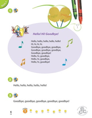 six
6
Unit1
1
BLM
Hello, hello, hello, hello, hello!
Hi, hi, hi, hi.
Goodbye, goodbye, goodbye,
Goodbye, goodbye, goodbye,
Goodbye, goodbye!
Hello, hi, goodbye,
Hello, hi, goodbye,
Hello, hi, goodbye!
2
Hello, hello, hello, hello, hello!
3
Goodbye, goodbye, goodbye, goodbye, goodbye!
1
Hello! Hi! Goodbye!
 