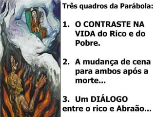 Três quadros da Parábola:
1. O CONTRASTE NA
VIDA do Rico e do
Pobre.
2. A mudança de cena
para ambos após a
morte...
3. Um DIÁLOGO
entre o rico e Abraão...
 