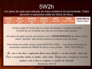 5W2h
Um plano de ação para solução do maior problema da humanidade: Todos
pecaram e separados estão da Glória de Deus.
WHAT

WHY

WHERE

WHEN

WHO

HOW

HOW MUCH

O que foi
feito?

Por que foi
feito?

Quando foi
feito

Quando foi
feito

Quem fez?

Como foi feito?

Quanto custou?

O preço pago foi muito alto,um preço de sangue, o sangue de Cristo.
A morte de um inocente que não se corrompeu pelo pecado.
Um plano de ação que se concretizou com a RESSURREIÇÃO de Jesus Cristo,
assim “através” dele temos acesso ao imenso amor de Deus.
Para todas as outras coisas existe MASTER CARD – mas poder desfrutar da
expressão máxima do AMOR de Deus e seu perdão... NÃO TEM PREÇO.
“Se,

com a tua boca, confessares Jesus como Senhor e, em teu coração, creres que
Deus o ressuscitou dentre os mortos, serás salvo. Porque com o coração se crê para
justiça e com a boca se confessa a respeito da salvação”
Romanos 10:9-10

 
