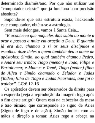 determinado dia/mês/ano. Por que não utilizar um
“computador celeste” que já funciona com precisão
absoluta?
Supondo-se que esta estrutura exista, hackeando
este computador, obtém-se a astrologia.
Sem mais delongas, vamos à Santa Ceia...
“E aconteceu que naqueles dias subiu ao monte a
orar e passou a noite em oração a Deus. E quando
já era dia, chamou a si os seus discípulos e
escolheu doze deles a quem também deu o nome de
apóstolos: Simão, ao qual também chamou Pedro,
e André seu irmão; Tiago (menor) e João, Filipe e
Bartolomeu; e Mateus e Tomé, Tiago (maior) filho
de Alfeu e Simão chamado o Zelador e Judas
(Tadeu) filho de Tiago e Judas Iscariotes, que foi o
traidor”. LC:6 12-16
Os apóstolos devem ser observados da direita para
a esquerda [veja a reprodução da imagem logo após
o fim deste artigo]: Quem está na cabeceira da mesa
é São Simão, que corresponde ao signo de Áries
(Signo de fogo e de ação). Simão indica com as
mãos a direção a tomar. Áries rege a cabeça na
 