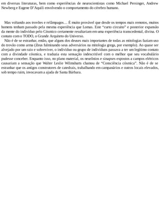 em diversas literaturas, bem como experiências de neurocientistas como Michael Persinger, Andrew
Newberg e Eugene D’Aquili envolvendo o comportamento do cérebro humano.
Mas voltando aos trovões e relâmpagos… É muito provável que desde os tempos mais remotos, muitos
homens tenham passado pela mesma experiência que Lomas. Este “curto circuito” e posterior expansão
da mente do indivíduo pelo Cósmico certamente resultariam em uma experiência transcedental, divina. O
contato com o TODO, o Grande Arquiteto do Universo.
Não é de se estranhar, então, que alguns dos deuses mais importantes de todas as mitologias faziam uso
do trovão como arma (Zeus fulminando seus adversários na mitologia grega, por exemplo). Ao quase ser
alvejado por um raio e sobreviver, o indivíduo ou grupo de indivíduos passava a ter um legítimo contato
com a divindade cósmica, e traduzia esta sensação indescritível com o melhor que seu vocabulário
pudesse conceber. Enquanto isso, no plano material, os neurônios e sinapses expostos a campos elétricos
causariam a sensação que Walter Leslie Wilmshurts chamou de “Consciência cósmica”. Não é de se
estranhar que os antigos construtores de catedrais, trabalhando em campanários e outros locais elevados,
sob tempo ruim, invocavam a ajuda de Santa Bárbara.
 