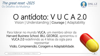 O antídoto: V U C A 2.0
Vision | Understanding | Courage | Adaptability
Para liderar no mundo VUCA, um membro sênior da
Harvard Business School, BILL GEORGE, apresentou o
VUCA 2.0 redefinindo as 4 letras da sigla para
representar
Visão, Compreensão, Coragem e Adaptabilidade.
21
daniel.luz2020@hotmail.com | WhatsApp 15 9 9126 55 71 21
The great reset -2025
Os Desafios da Mudança
 