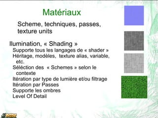Action/Rendu Toutes les utilisations communes en 3D simplifiées: Gestion des matériaux, des particules, des niveau de détail, des ressources, de la visibilité, des ombres, des animations, des illuminations 