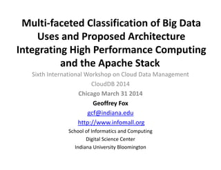 Multi-faceted Classification of Big Data
Uses and Proposed Architecture
Integrating High Performance Computing
and the Apache Stack
Sixth International Workshop on Cloud Data Management
CloudDB 2014
Chicago March 31 2014
Geoffrey Fox
gcf@indiana.edu
http://www.infomall.org
School of Informatics and Computing
Digital Science Center
Indiana University Bloomington
 