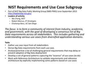 NIST Requirements and Use Case Subgroup
• Part of NIST Big Data Public Working Group (NBD-PWG) June-September 2013
http://...