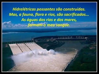 Hidrelétricas possantes são construídas.
Mas, a fauna, flora e rios, são sacrificados...
As águas dos rios e dos mares,
formam o meu sangue.
 