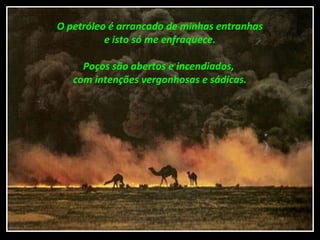 O petróleo é arrancado de minhas entranhas
e isto só me enfraquece.
Poços são abertos e incendiados,
com intenções vergonhosas e sádicas.
 