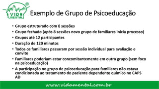 Exemplo de Grupo de Psicoeducação
• Grupo estruturado com 8 sessões
• Grupo fechado (após 8 sessões novo grupo de familiares inicia processo)
• Grupos até 12 participantes
• Duração de 120 minutos
• Todos os familiares passaram por sessão individual para avaliação e
convite
• Familiares poderiam estar concomitantemente em outro grupo (sem foco
na psicoeducação)
• A participação no grupo de psicoeducação para familiares não estava
condicionada ao tratamento do paciente dependente químico no CAPS
AD
 