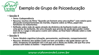 Exemplo de Grupo de Psicoeducação
• Sessão 4
• Tema: Codependência
• Recurso: trechos do filme “Quando um homem ama uma mulher” com roteiro para
discussão (comportamentos do marido, impacto sobre as filhas, papel dos
familiares no tratamento)
• Reflexão sobre rede de apoio através da dinâmica do barbante (cada um segura
uma ponta do barbante, diz uma situação que precisa de ajuda para poder cuidar
mais de si, e joga o rolo para o outro sem soltar, ao final fazer reflexão sobre a rede
que se forma)
• Sessão 5
• Tema: Modelo cognitivo (situação, pensamento, sentimento, comportamento)
• Recurso: dinâmica dos balões (cada um tem um balão e não pode deixar cair no
chão, terapeuta vai pedindo um a um que saia e deixe seu balão, até que fica uma
pessoa com todos os balões – impossível de sustentar)
 
