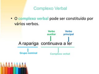 Complexo Verbal

• O complexo verbal pode ser constituído por
  vários verbos.
                     Verbo       Verbo
                    auxiliar    principal


    A rapariga continuava a ler

    Grupo nominal     Complexo verbal
 