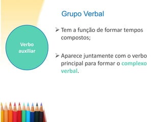 Grupo Verbal

            Tem a função de formar tempos
             compostos;
 Verbo
auxiliar
            Aparece juntamente com o verbo
             principal para formar o complexo
             verbal.
 