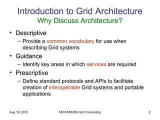 Aug 19, 2013 MCC/MIERSI Grid Computing 2
Introduction to Grid Architecture
Why Discuss Architecture?
• Descriptive
– Provide a common vocabulary for use when
describing Grid systems
• Guidance
– Identify key areas in which services are required
• Prescriptive
– Define standard protocols and APIs to facilitate
creation of interoperable Grid systems and portable
applications
 