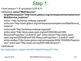 Step 1:
<?xml version="1.0" encoding="UTF-8"?>
<definitions name="MathService"
targetNamespace="http://www.globus.org/namespaces/examples/core/
MathService_instance"
xmlns ="http://schemas.xmlsoap.org/wsdl/"
xmlns:tns="http://www.globus.org/namespaces/examples/core/MathService_
instance"
xmlns:wsdl="http://schemas.xmlsoap.org/wsdl/"
xmlns:wsrp="http://docs.oasis-open.org/wsrf/2004/06/wsrf-WS-
ResourceProperties-1.2-draft-01.xsd" xmlns:wsrpw="http://docs.oasis-
open.org/wsrf/2004/06/wsrf-WS-ResourceProperties-1.2-draft-01.wsdl"
xmlns:wsdlpp="http://www.globus.org/namespaces/2004/10/WSDLPreproce
ssor" xmlns:xsd="http://www.w3.org/2001/XMLSchema">
</definitions>
http://gdp.globus.org/gt4-tutorial/multiplehtml/apas01.html
Aug 19, 2013 MCC/MIERSI Grid Computing 49
 