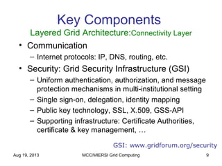 Aug 19, 2013 MCC/MIERSI Grid Computing 9
GSI: www.gridforum.org/security
Key Components
Layered Grid Architecture:Connectivity Layer
• Communication
– Internet protocols: IP, DNS, routing, etc.
• Security: Grid Security Infrastructure (GSI)
– Uniform authentication, authorization, and message
protection mechanisms in multi-institutional setting
– Single sign-on, delegation, identity mapping
– Public key technology, SSL, X.509, GSS-API
– Supporting infrastructure: Certificate Authorities,
certificate & key management, …
 