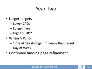 Year Two
• Larger targets
  – Lower CPCs
  – Longer lives
  – Higher CTR**
• When > Who
  – Time of day stronger influence than target
  – Day of Week
• Continued landing page refinement


                                                 21
 