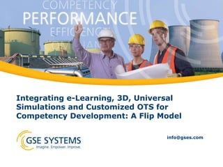 Integrating e-Learning, 3D, Universal
Simulations and Customized OTS for
Competency Development: A Flip Model
info@gses.com

 