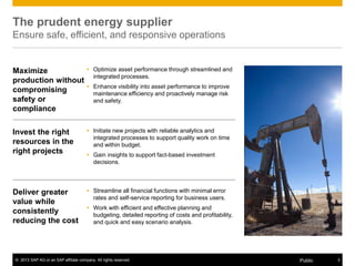 © 2013 SAP AG or an SAP affiliate company. All rights reserved. 3Public
The prudent energy supplier
Ensure safe, efficient, and responsive operations
Maximize
production without
compromising
safety or
compliance
 Optimize asset performance through streamlined and
integrated processes.
 Enhance visibility into asset performance to improve
maintenance efficiency and proactively manage risk
and safety.
Invest the right
resources in the
right projects
 Initiate new projects with reliable analytics and
integrated processes to support quality work on time
and within budget.
 Gain insights to support fact-based investment
decisions.
Deliver greater
value while
consistently
reducing the cost
 Streamline all financial functions with minimal error
rates and self-service reporting for business users.
 Work with efficient and effective planning and
budgeting, detailed reporting of costs and profitability,
and quick and easy scenario analysis.
 