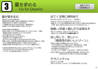 量が質を⽣む
「質を向上させるものは量である」
「創造的な成功は通常、案出した試案の数に正比例する」
「試案が百あれば⼗の場合の⼗倍の成功率」
「⼀⾒無謀とも思えるようなものをも含めて、量が物を言う」
「試案をつぎつぎに重ねれば創造⼒も⾼まってゆくのだ」
「気落ちは創造⼒の訓練の敵」
「初めのうち良いアイディアが全然浮かばなくても、どうだというのだ? （中略）
継続性と忠実さとねばりがあってこそ、ものになるのだ。
天才と言われる⼈たちでさえ然り」
「完全主義には用⼼をしなければならない。
まあまあのアイディアを実用する方が、
良いアイディアをさらに磨いているのよりははるかに利⼝である」
「競争⼼が成⼈⼦供を問わず知的作業の遂⾏を50％以上促進する（中略）
このような刺激は創造的な思索にとって最も⼤切なものである。
創造的な思索にまず必要なものは、やってみようという衝動だからだ」
「⽴証済みの解決策を考え出すまでに35もアイデアを出している（中略）
5つか10か20ぐらいでアイデアを出す努⼒をやめていたら、
ヘリコプターによる解決策は⾒逃していただろう」
量を求める
Go for Quantity3
出てくる順に傾向あり
★Fredrik Härén「アイデアメーション」 （ IDÉBOK ）
「初めに出てくるアイデアは⼤抵本当のアイデアではない」
「実験では、アイデアを出す時間の前半と後半ではどのような違いがあるか比較された
（中略）後半には前半の78％以上のいいアイデアが出されている。 」
独創への早道＝掴んだら全部出す
「思いつくことは何でも、バカげていてもつまらなくても、
書かないことには他のアイディアの通せんぼをする」
出し尽して、苦しい＝
「創造性のおいしいゾーン」
「判断⼒に創造⼒の邪魔をさせないようにするには、
すべての可能なアイディアが得られるまで、判断を遅らせる（中略）
この時が来てもまだ判断⼒を⾏使させようとしてはならない。
良い時機に⼼をさ迷わせておくと、
さらに良いアイディアの霊感（ inspiration ）が得られることもある」
★⽯井⼒重「Brainstomingの量と質の測定実験。出尽くすまでやる。
この時点をt0とする。更に0.5*t0やると「質」が増加。
テクニック＋α
出尽くしたら、あと10個
出尽くしてもう出ない、となったら、アイデア発想法を使う。さらに出る。
創造工学の
文献各種より
40
 